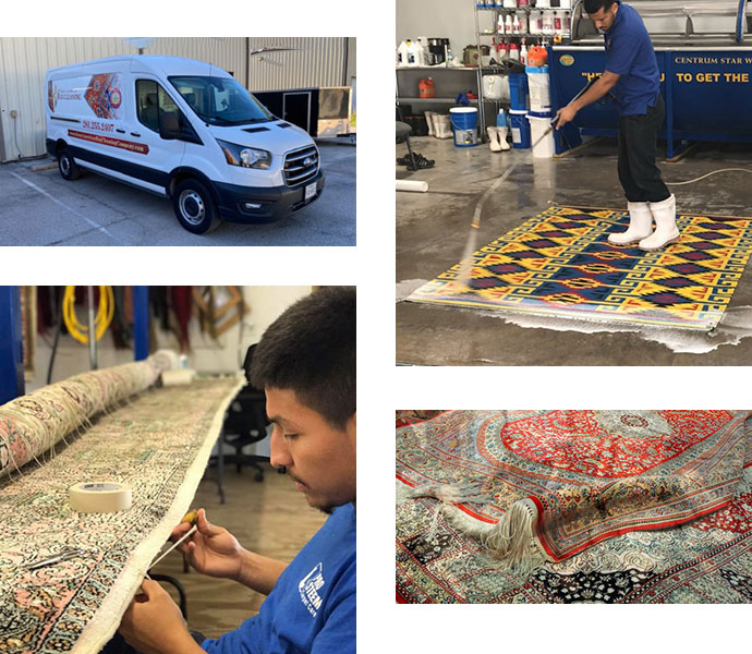 A collage of Great American Rug Cleaning Company Van, Rug Cleaning, and Rug Repairing Services