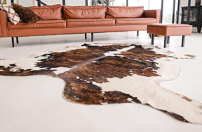 modern luxury bright living room faux sheepskin and cowhide rugs